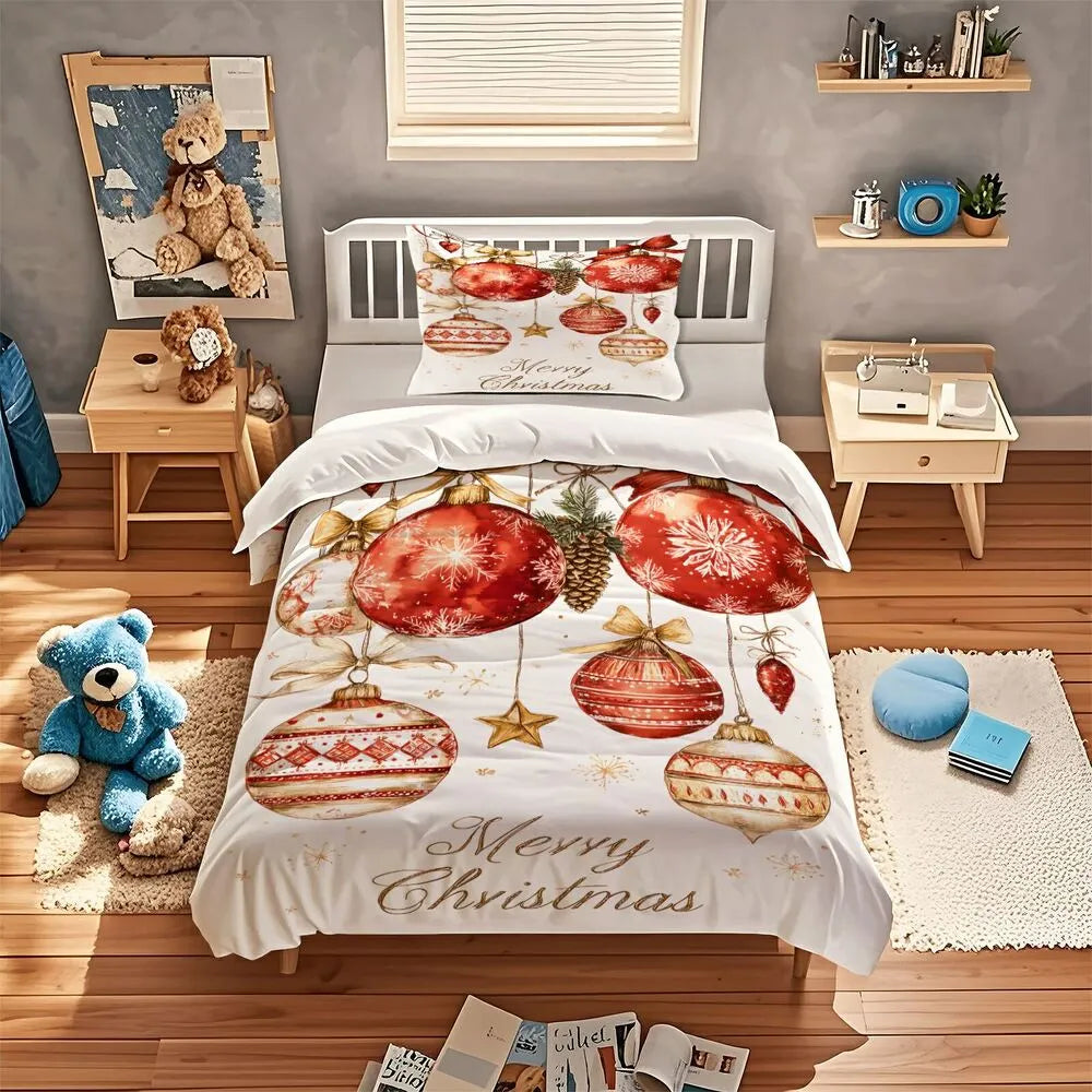 Christmas Red Gold Ornaments Merry Christmas White Christmas Gift Duvet Cover Set Kids Bedding Set