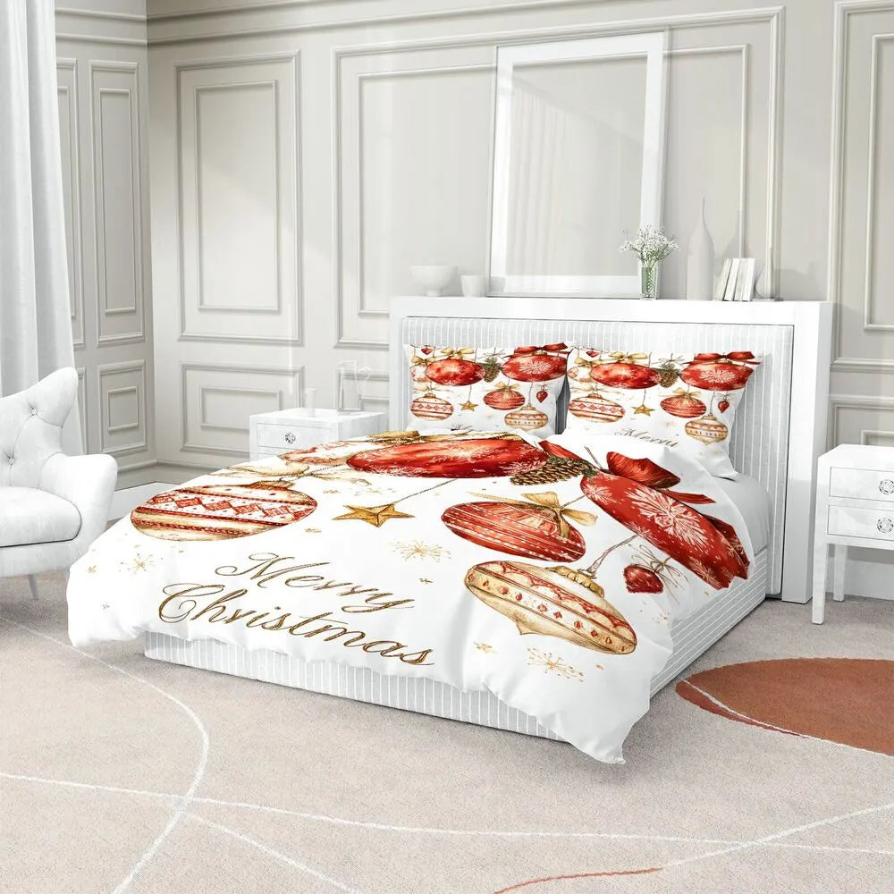 Christmas Red Gold Ornaments Merry Christmas White Christmas Gift Duvet Cover Set Kids Bedding Set