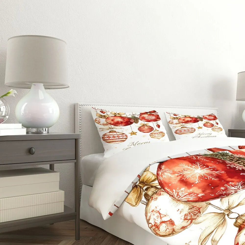 Christmas Red Gold Ornaments Merry Christmas White Christmas Gift Duvet Cover Set Kids Bedding Set