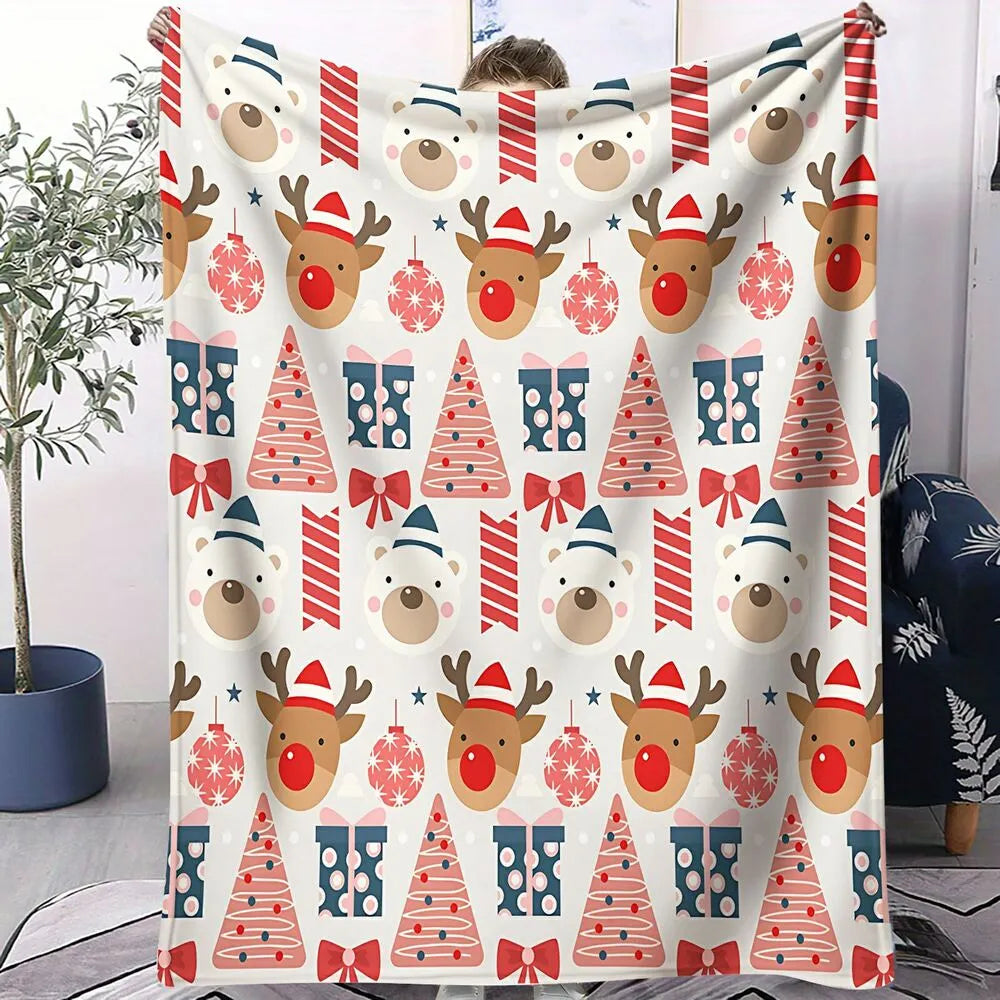 Christmas Reindeer and Polar Bear Pattern Multipurpose Throw Blanket