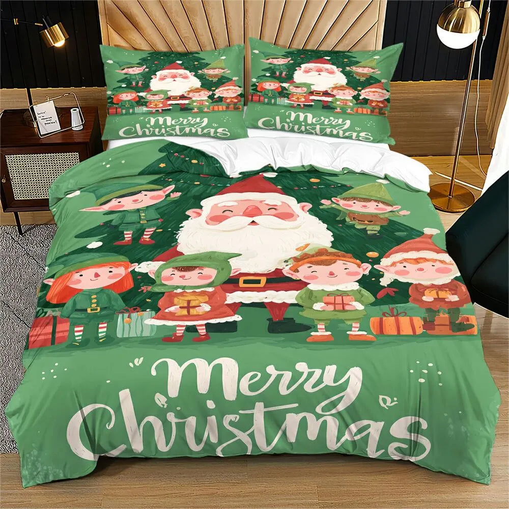 Christmas Santa And Elves Merry Christmas Green Christmas Gift Duvet Cover Set Kids Bedding Set