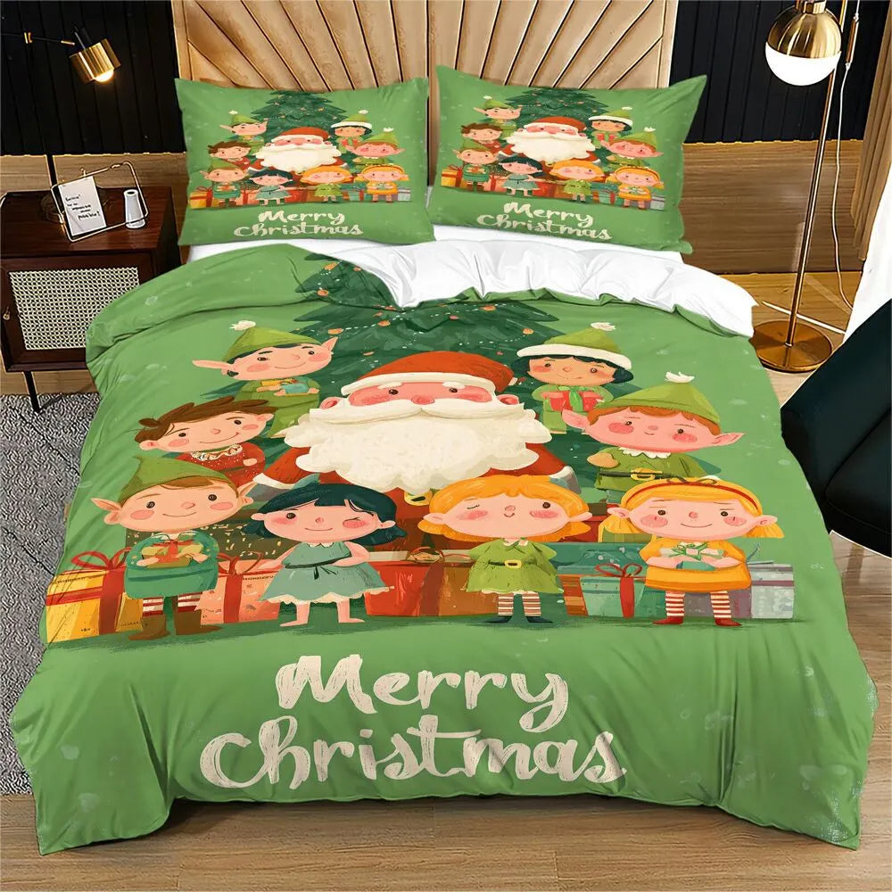 Christmas Santa And Elves Merry Christmas Green Christmas Gift Duvet Cover Set Kids Bedding Set