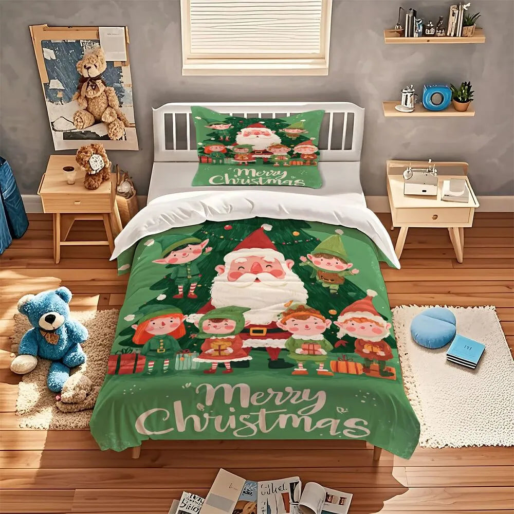 Christmas Santa And Elves Merry Christmas Green Christmas Gift Duvet Cover Set Kids Bedding Set