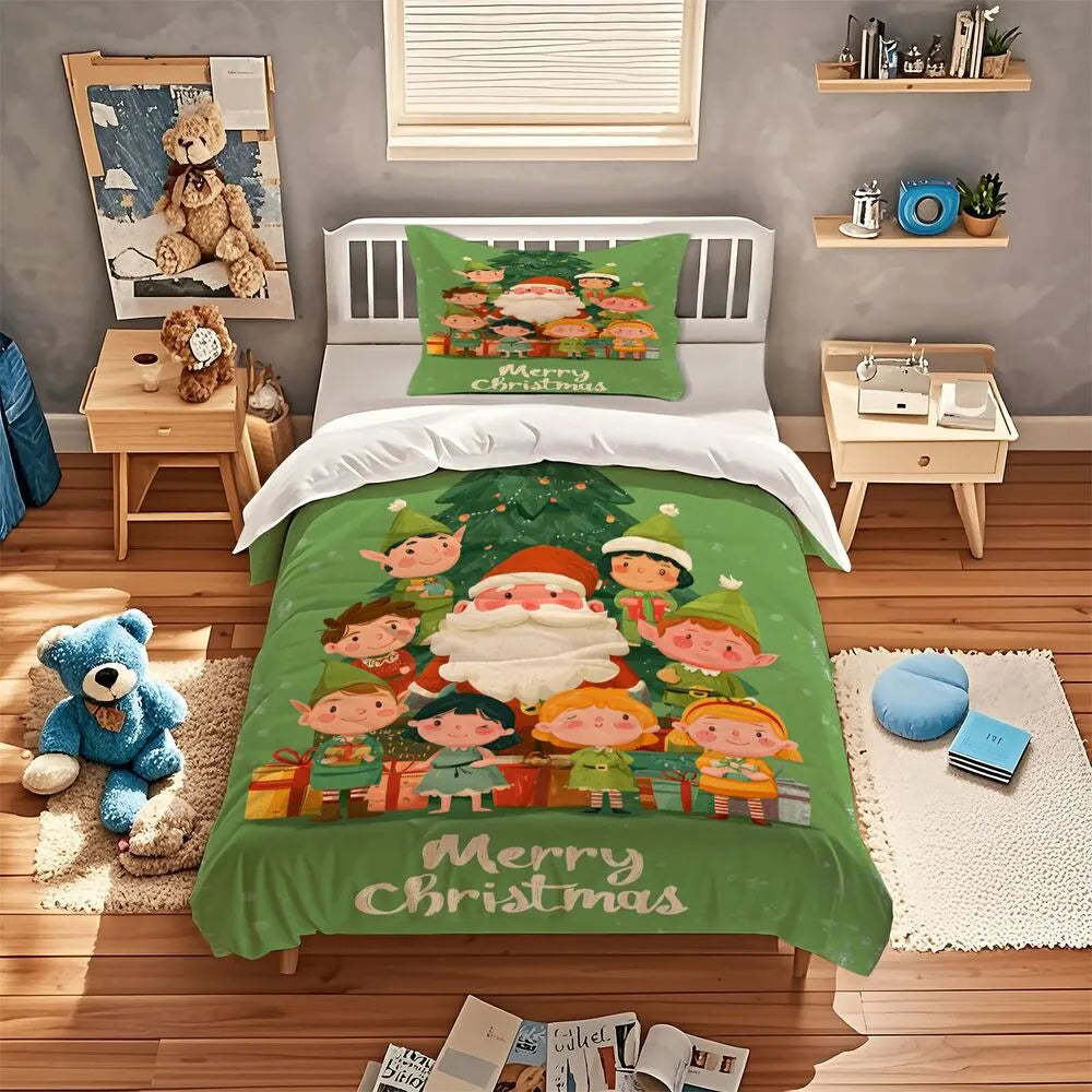 Christmas Santa And Elves Merry Christmas Green Christmas Gift Duvet Cover Set Kids Bedding Set