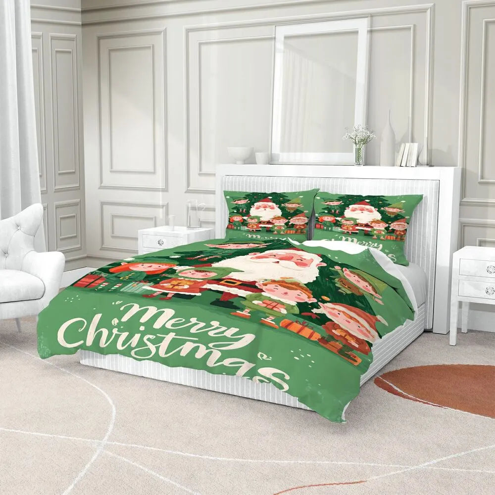Christmas Santa And Elves Merry Christmas Green Christmas Gift Duvet Cover Set Kids Bedding Set