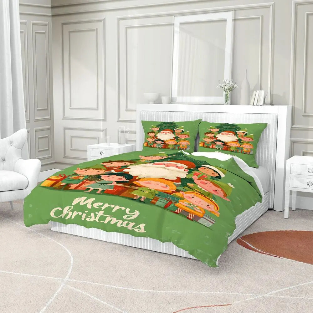 Christmas Santa And Elves Merry Christmas Green Christmas Gift Duvet Cover Set Kids Bedding Set