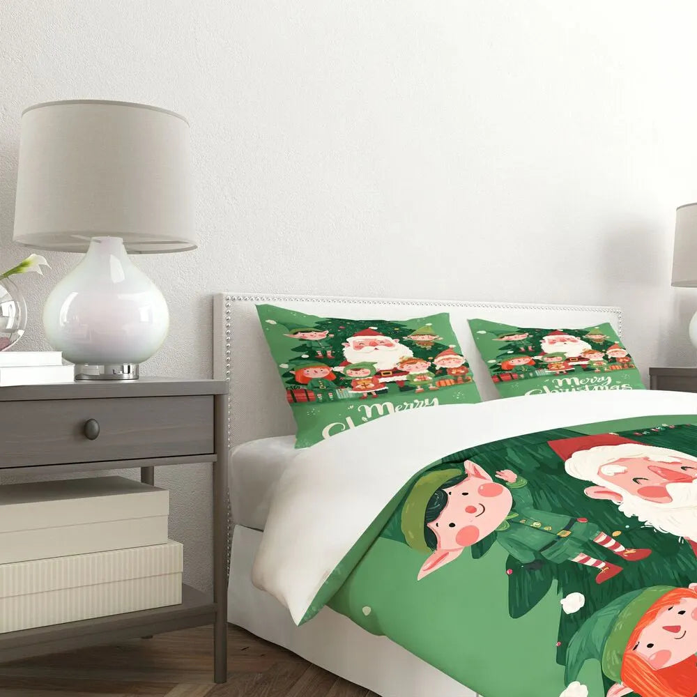 Christmas Santa And Elves Merry Christmas Green Christmas Gift Duvet Cover Set Kids Bedding Set