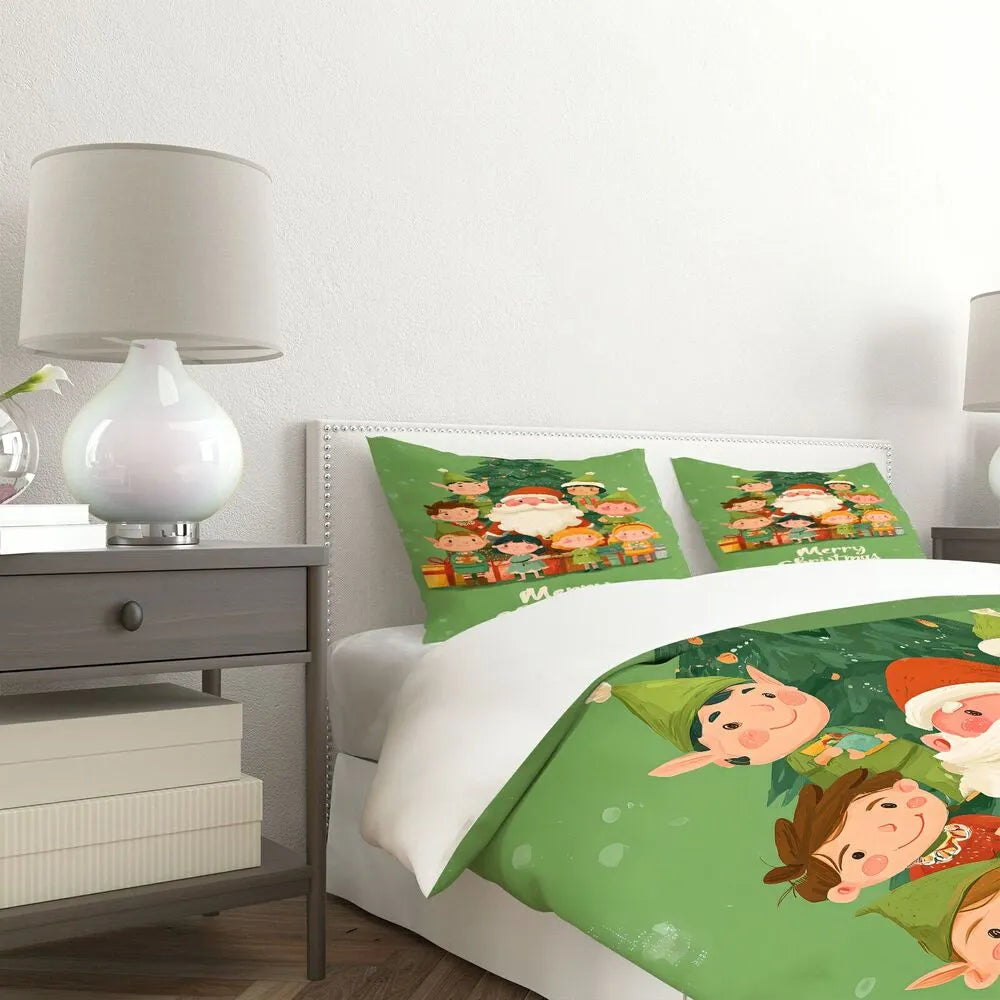 Christmas Santa And Elves Merry Christmas Green Christmas Gift Duvet Cover Set Kids Bedding Set