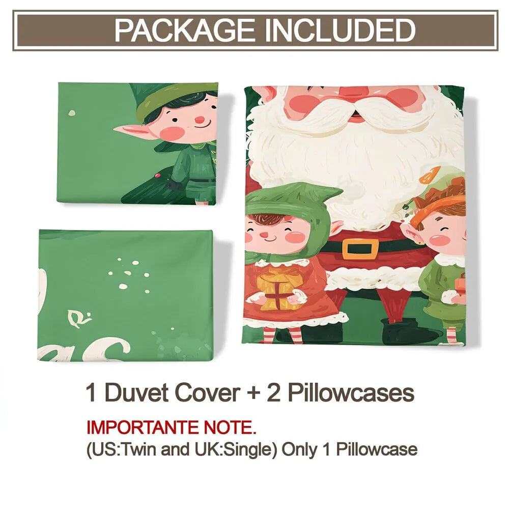 Christmas Santa And Elves Merry Christmas Green Christmas Gift Duvet Cover Set Kids Bedding Set