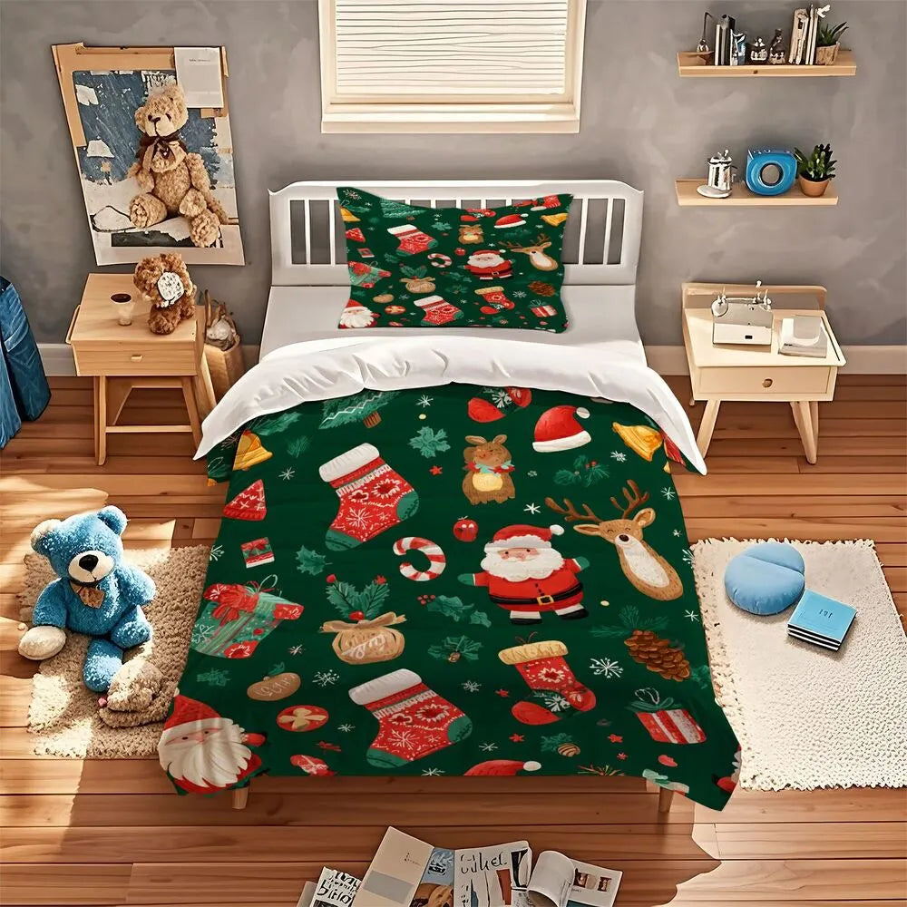 Christmas Santa And Festive Icons Christmas Gift Duvet Cover Set Kids Bedding Set
