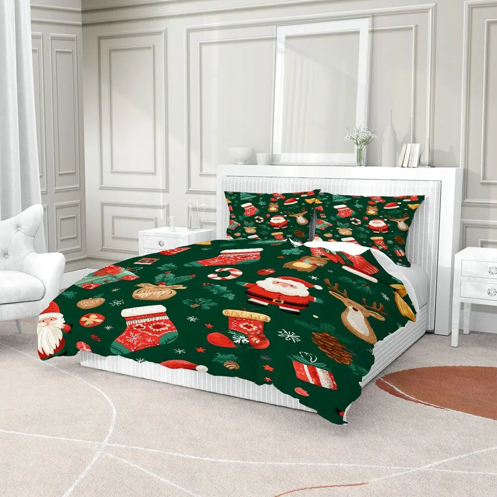 Christmas Santa And Festive Icons Christmas Gift Duvet Cover Set Kids Bedding Set