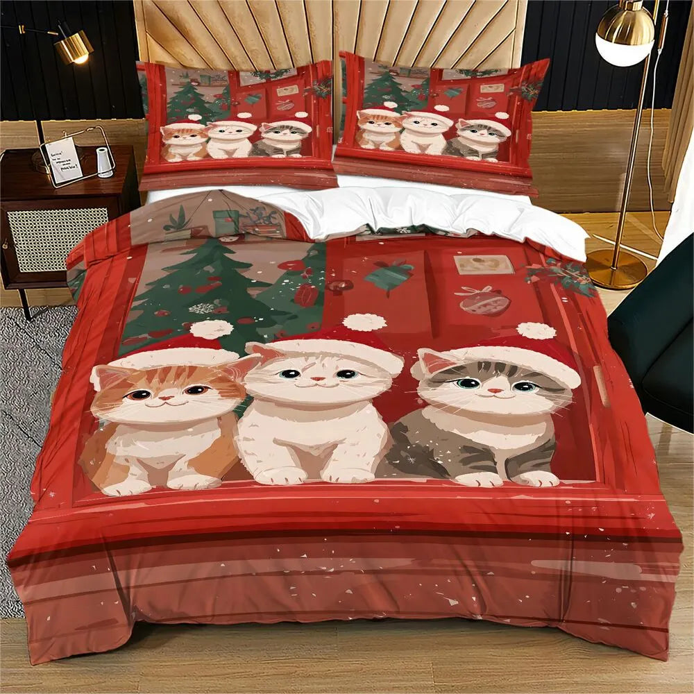 Christmas Santa Cats Red Christmas Tree Christmas Gift Duvet Cover Set Kids Bedding Set
