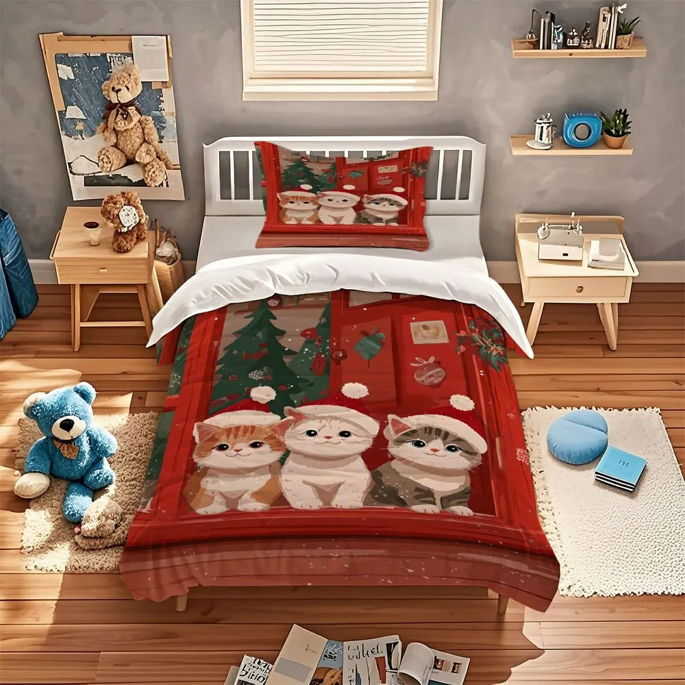 Christmas Santa Cats Red Christmas Tree Christmas Gift Duvet Cover Set Kids Bedding Set