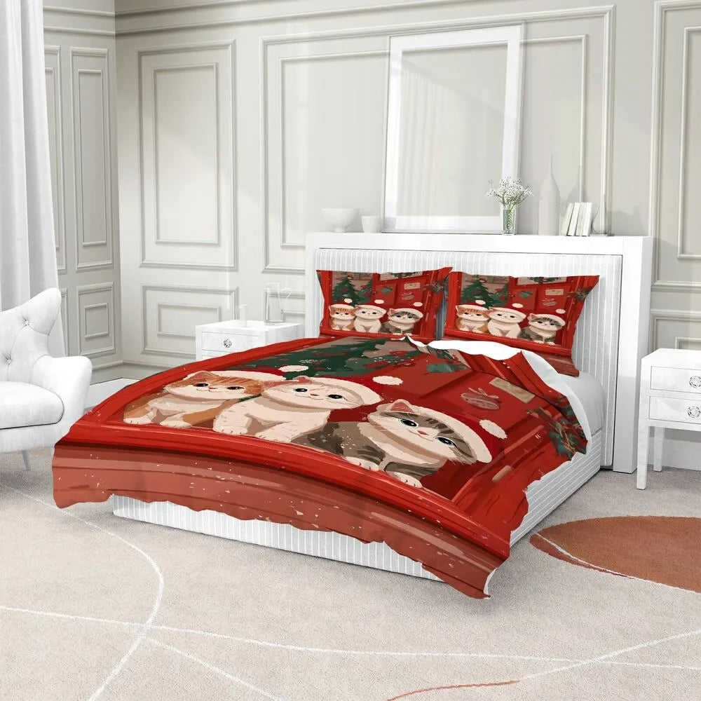 Christmas Santa Cats Red Christmas Tree Christmas Gift Duvet Cover Set Kids Bedding Set