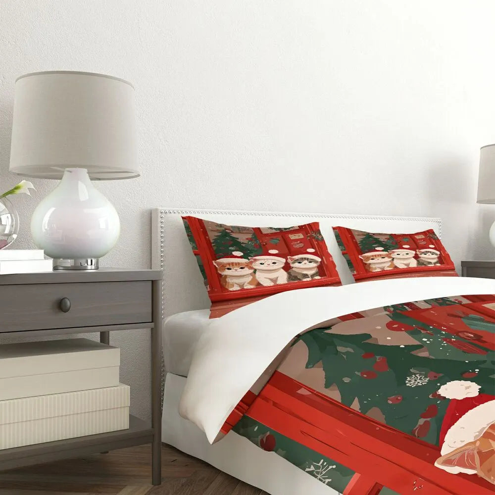 Christmas Santa Cats Red Christmas Tree Christmas Gift Duvet Cover Set Kids Bedding Set