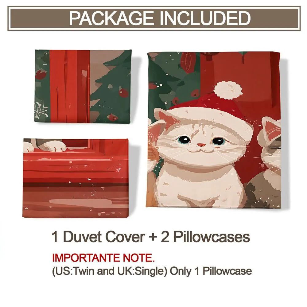 Christmas Santa Cats Red Christmas Tree Christmas Gift Duvet Cover Set Kids Bedding Set