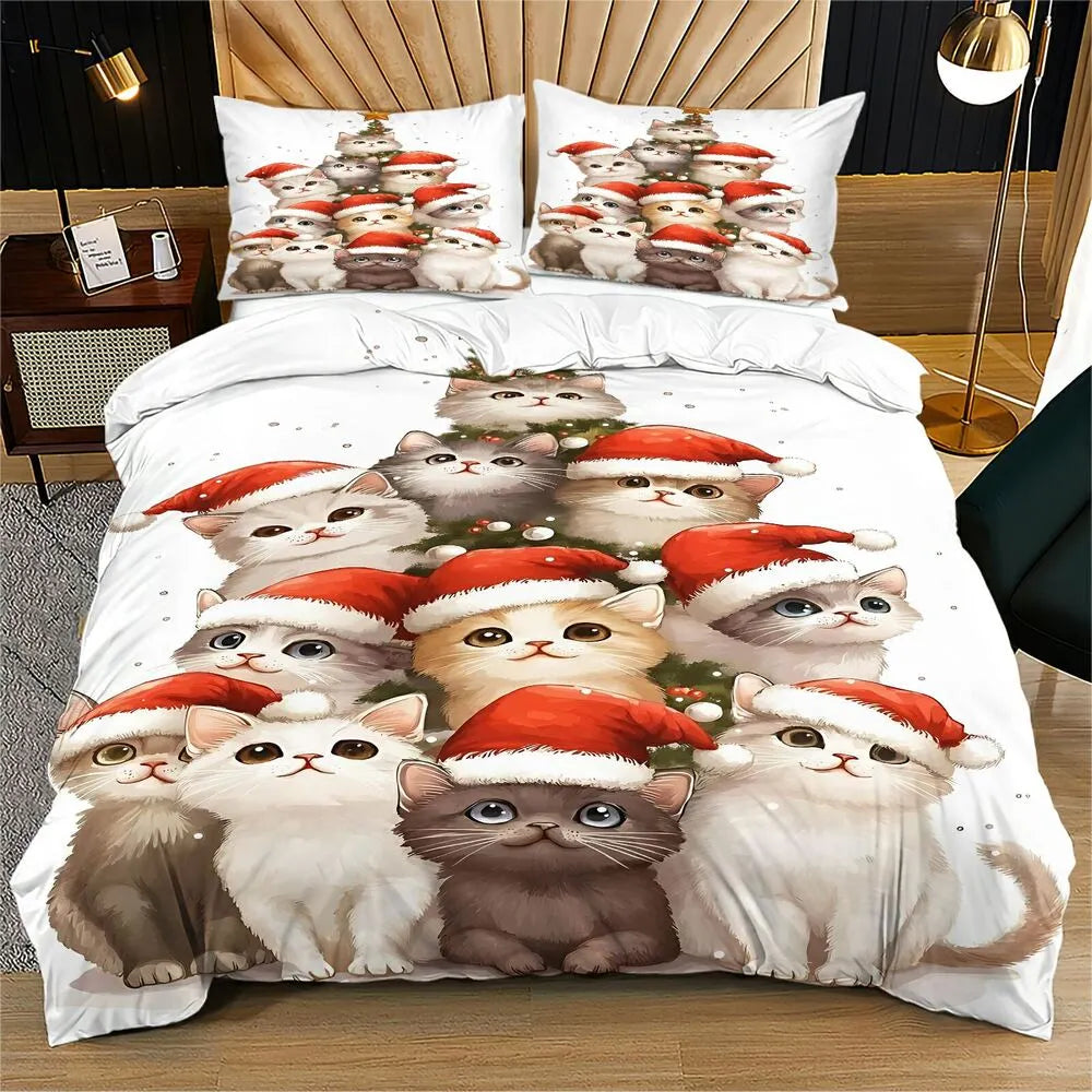 Christmas Santa Hat Cats Christmas Gift Duvet Cover Set Kids Bedding Set