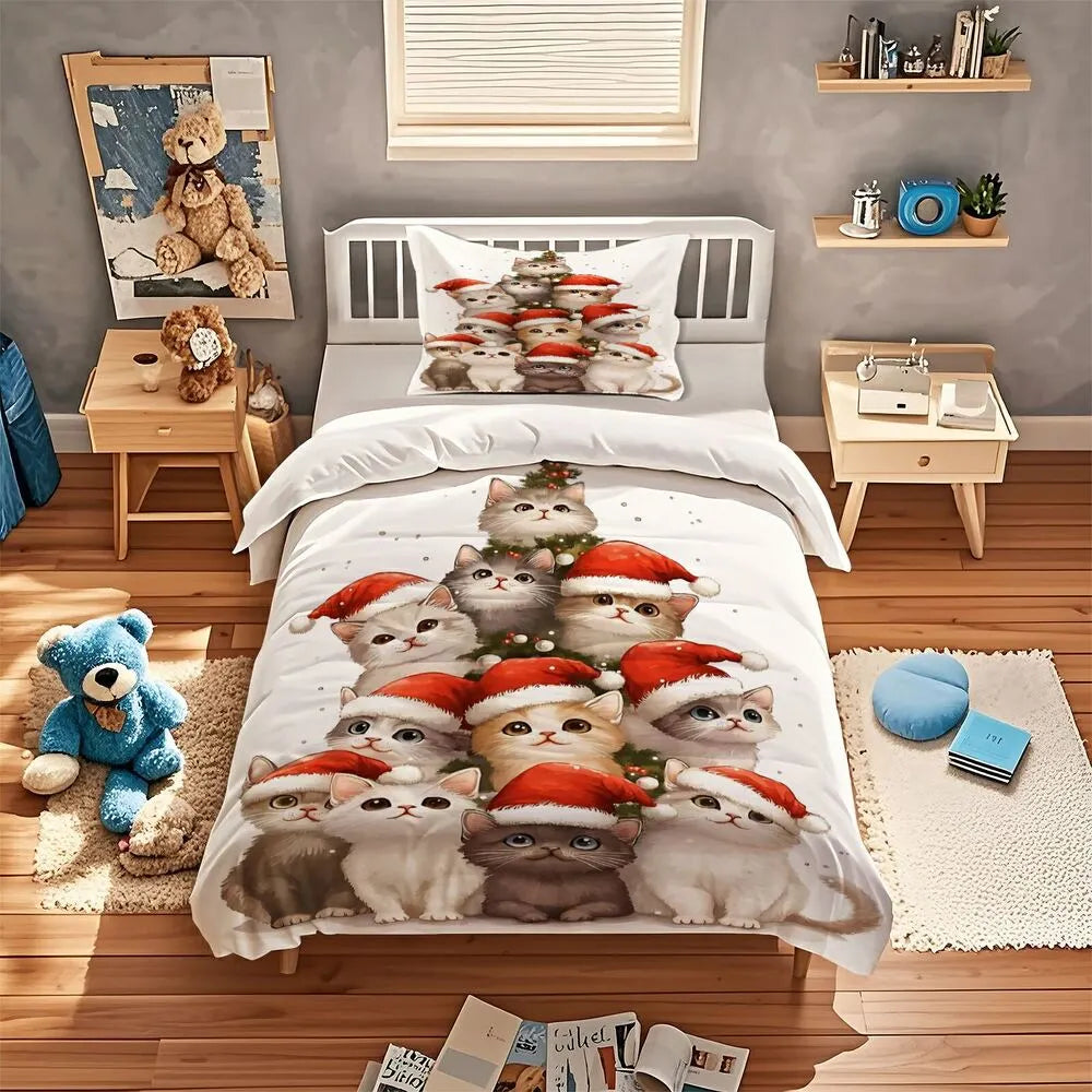 Christmas Santa Hat Cats Christmas Gift Duvet Cover Set Kids Bedding Set