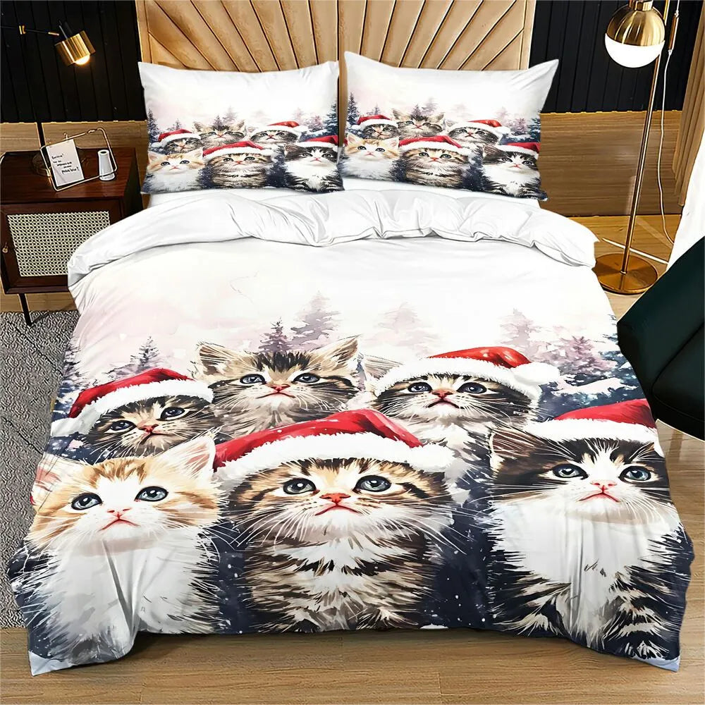 Christmas Santa Hat Kittens Snowy Scene Christmas Gift Duvet Cover Set Kids Bedding Set