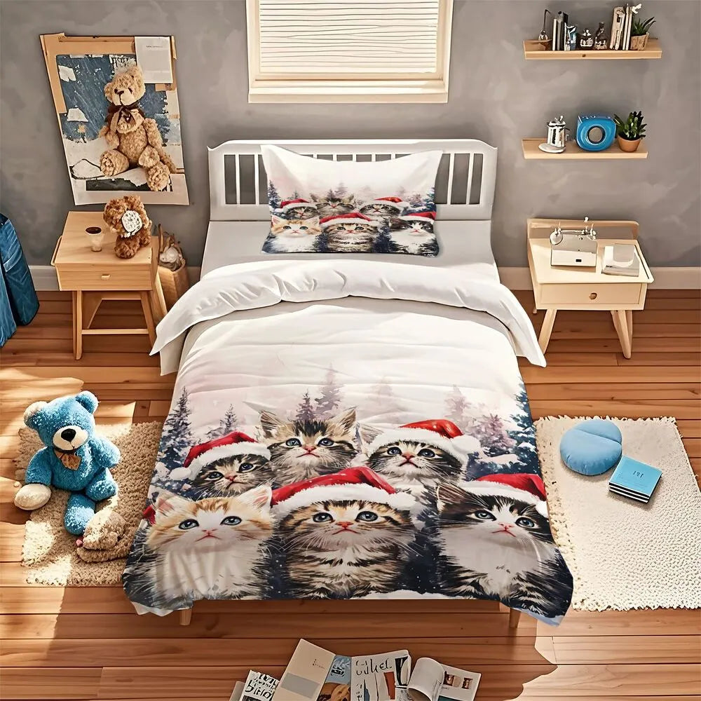 Christmas Santa Hat Kittens Snowy Scene Christmas Gift Duvet Cover Set Kids Bedding Set