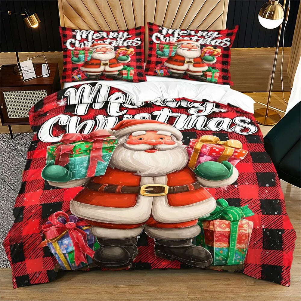 Christmas Santa Plaid Gift Merry Christmas Gift Duvet Cover Set Kids Bedding Set