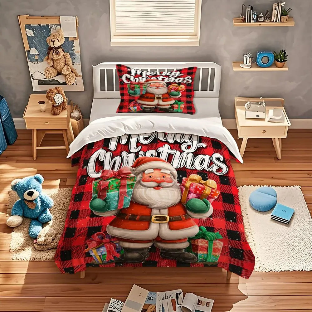Christmas Santa Plaid Gift Merry Christmas Gift Duvet Cover Set Kids Bedding Set