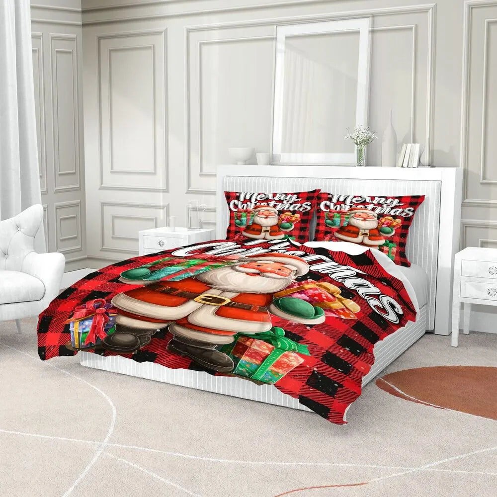 Christmas Santa Plaid Gift Merry Christmas Gift Duvet Cover Set Kids Bedding Set