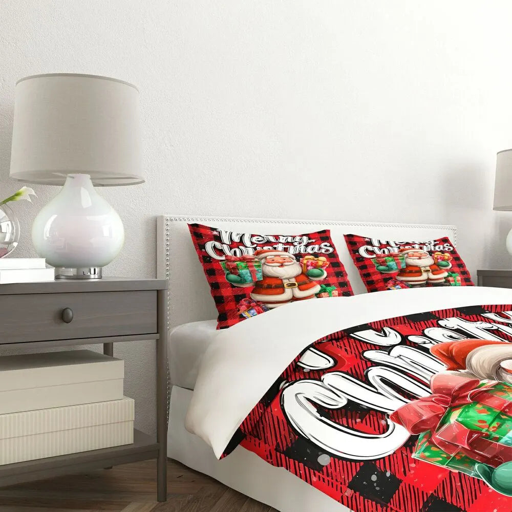 Christmas Santa Plaid Gift Merry Christmas Gift Duvet Cover Set Kids Bedding Set