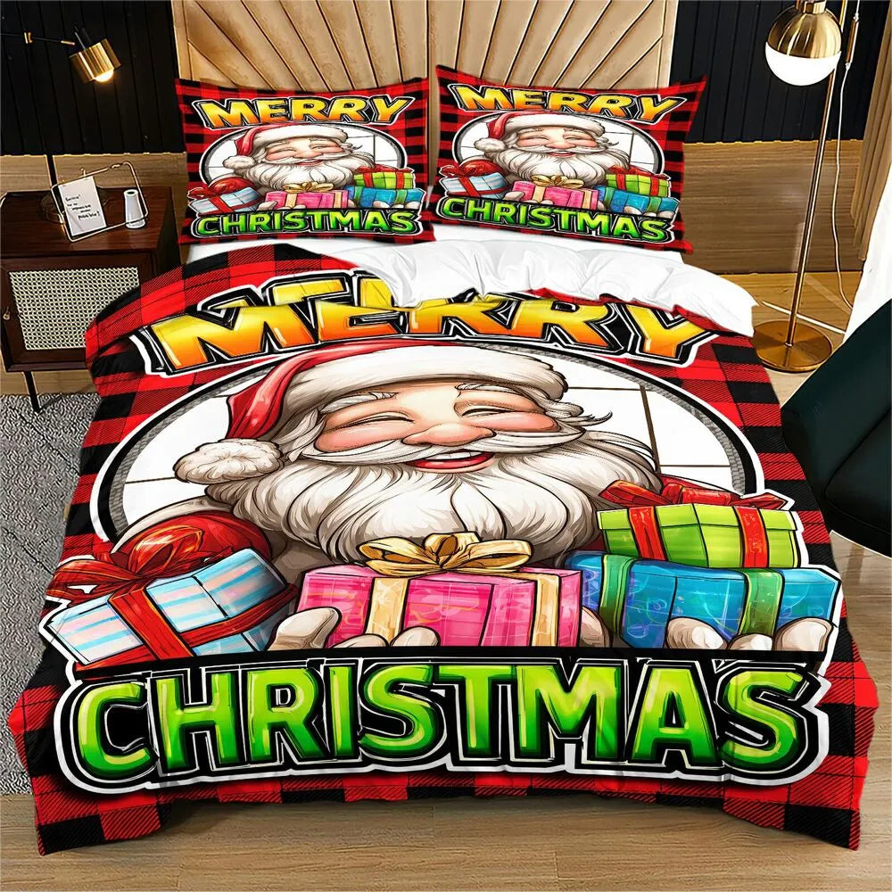 Christmas Santa Plaid Gifts Merry Christmas Red Black Christmas Gift Duvet Cover Set Kids Bedding Set