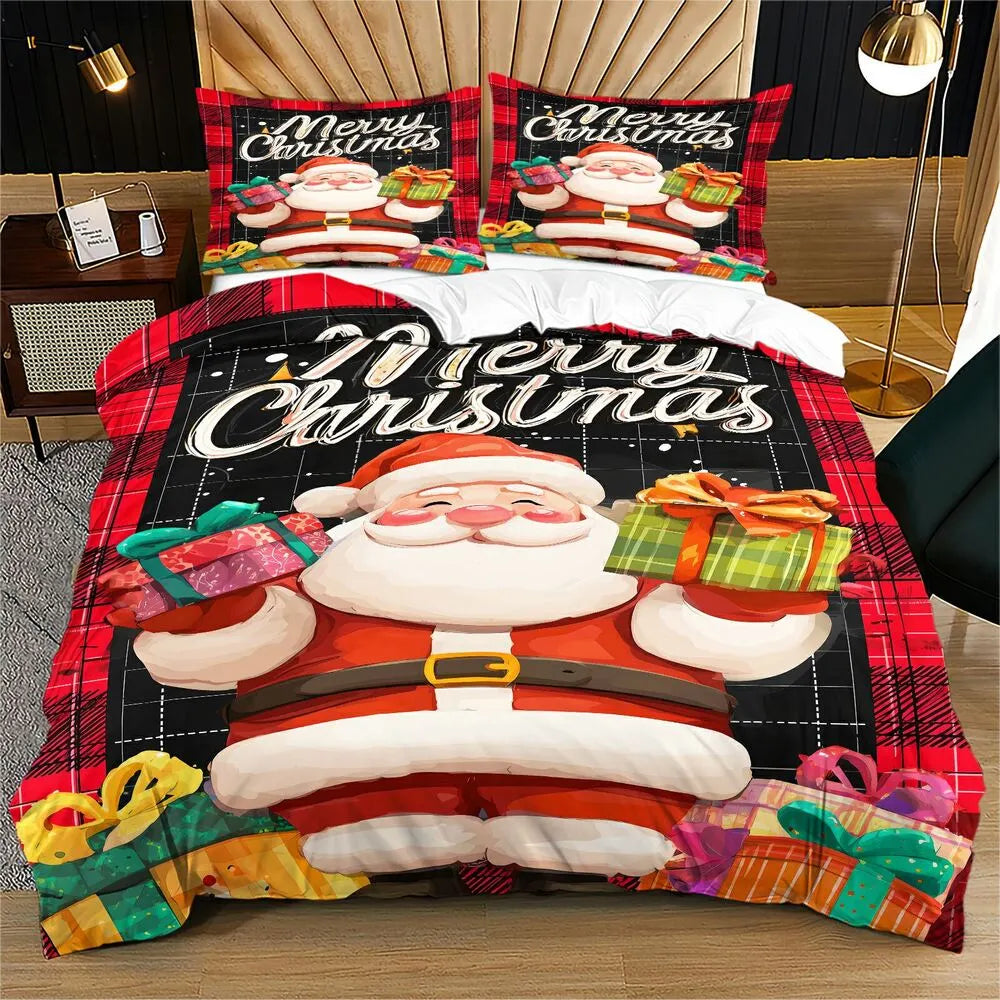Christmas Santa Plaid Gifts Merry Christmas Red Black Christmas Gift Duvet Cover Set Kids Bedding Set