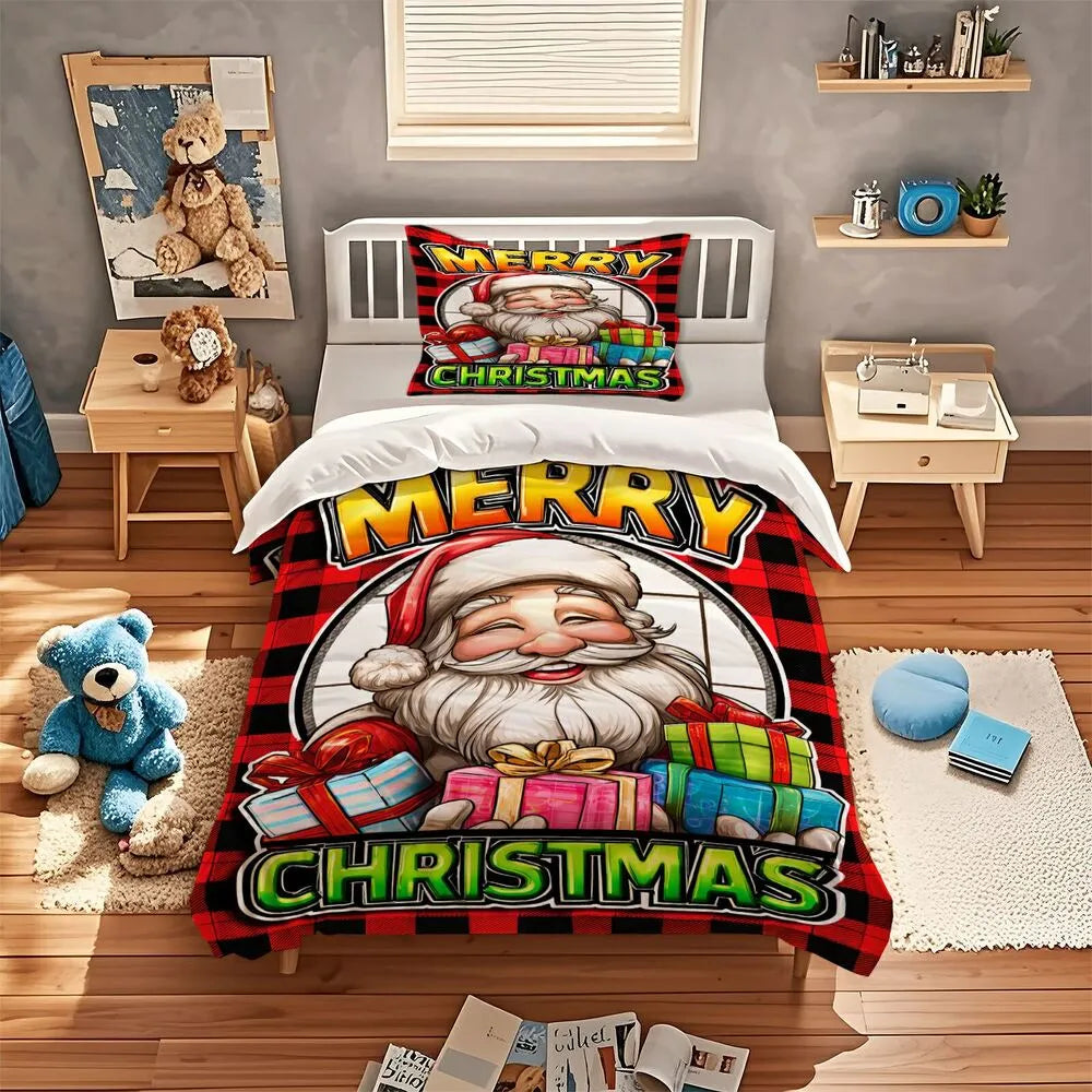 Christmas Santa Plaid Gifts Merry Christmas Red Black Christmas Gift Duvet Cover Set Kids Bedding Set