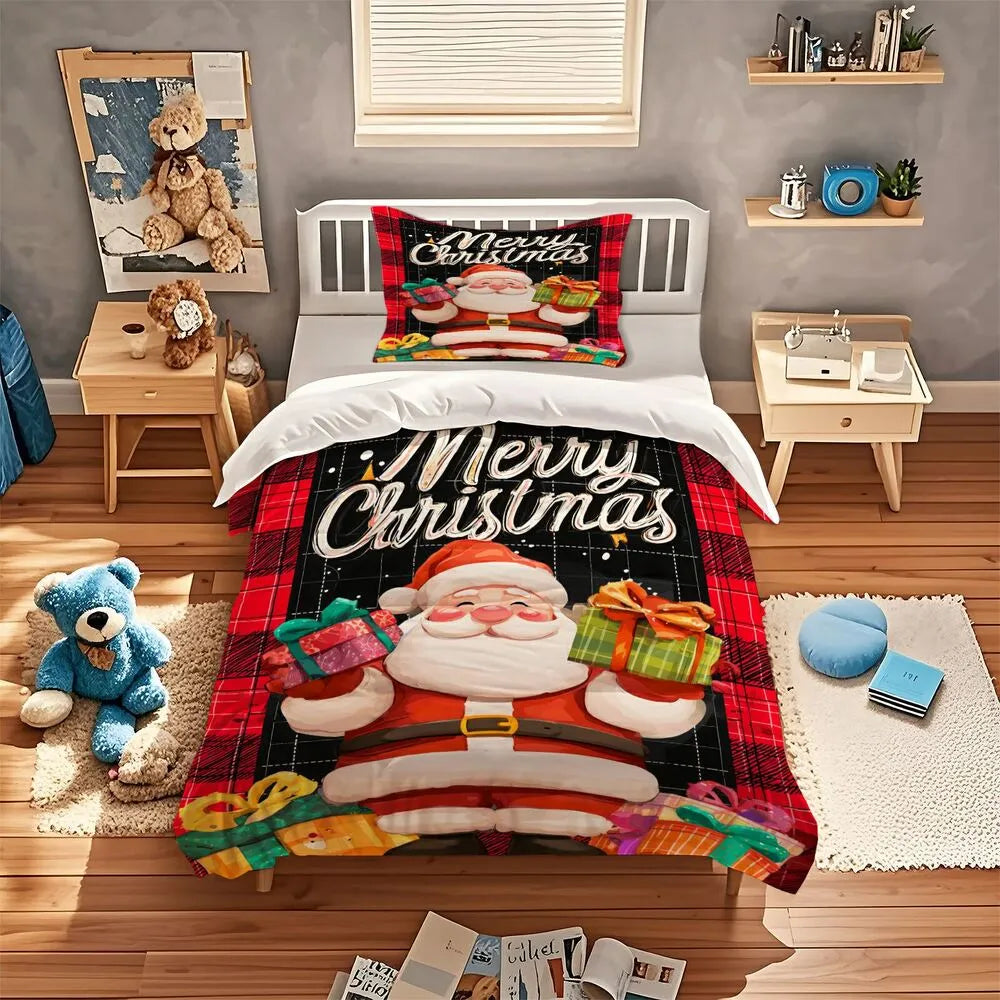 Christmas Santa Plaid Gifts Merry Christmas Red Black Christmas Gift Duvet Cover Set Kids Bedding Set
