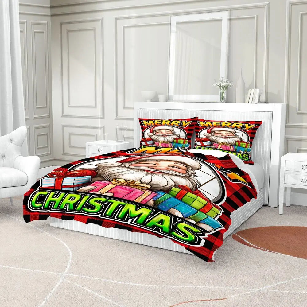 Christmas Santa Plaid Gifts Merry Christmas Red Black Christmas Gift Duvet Cover Set Kids Bedding Set