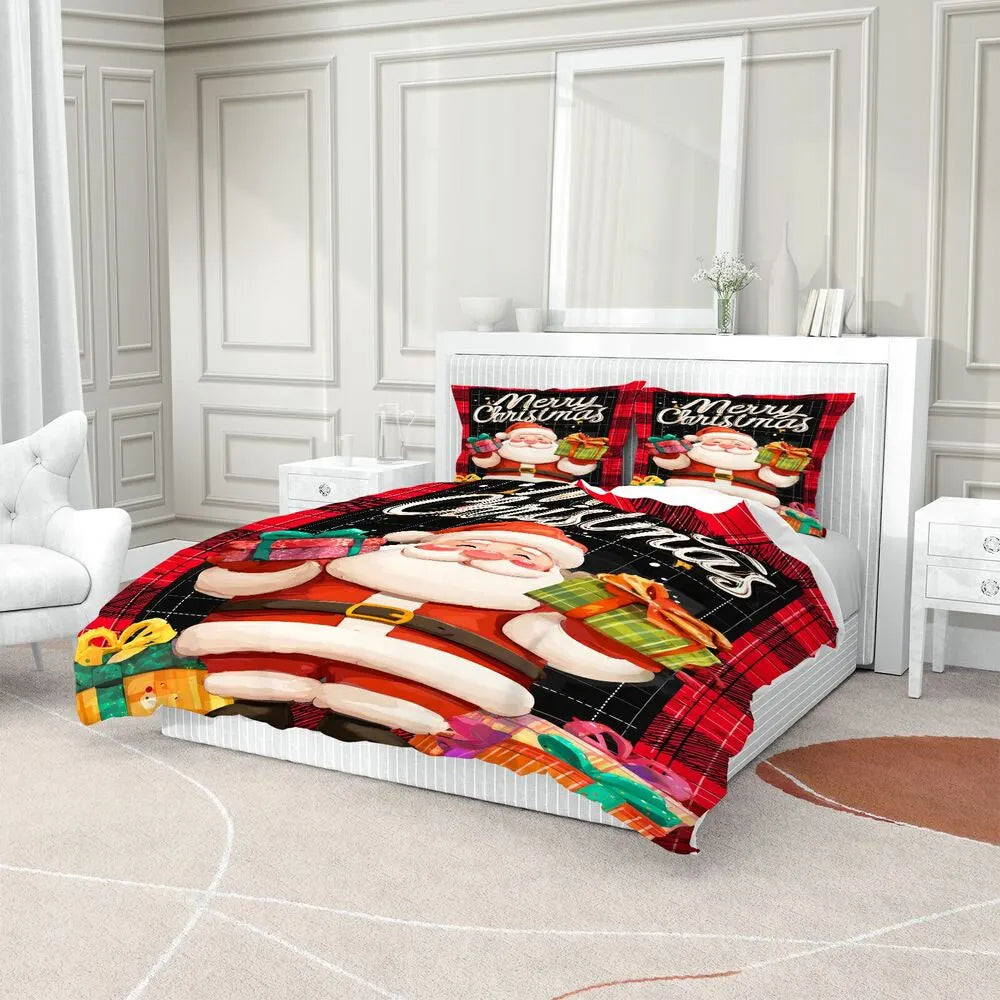 Christmas Santa Plaid Gifts Merry Christmas Red Black Christmas Gift Duvet Cover Set Kids Bedding Set