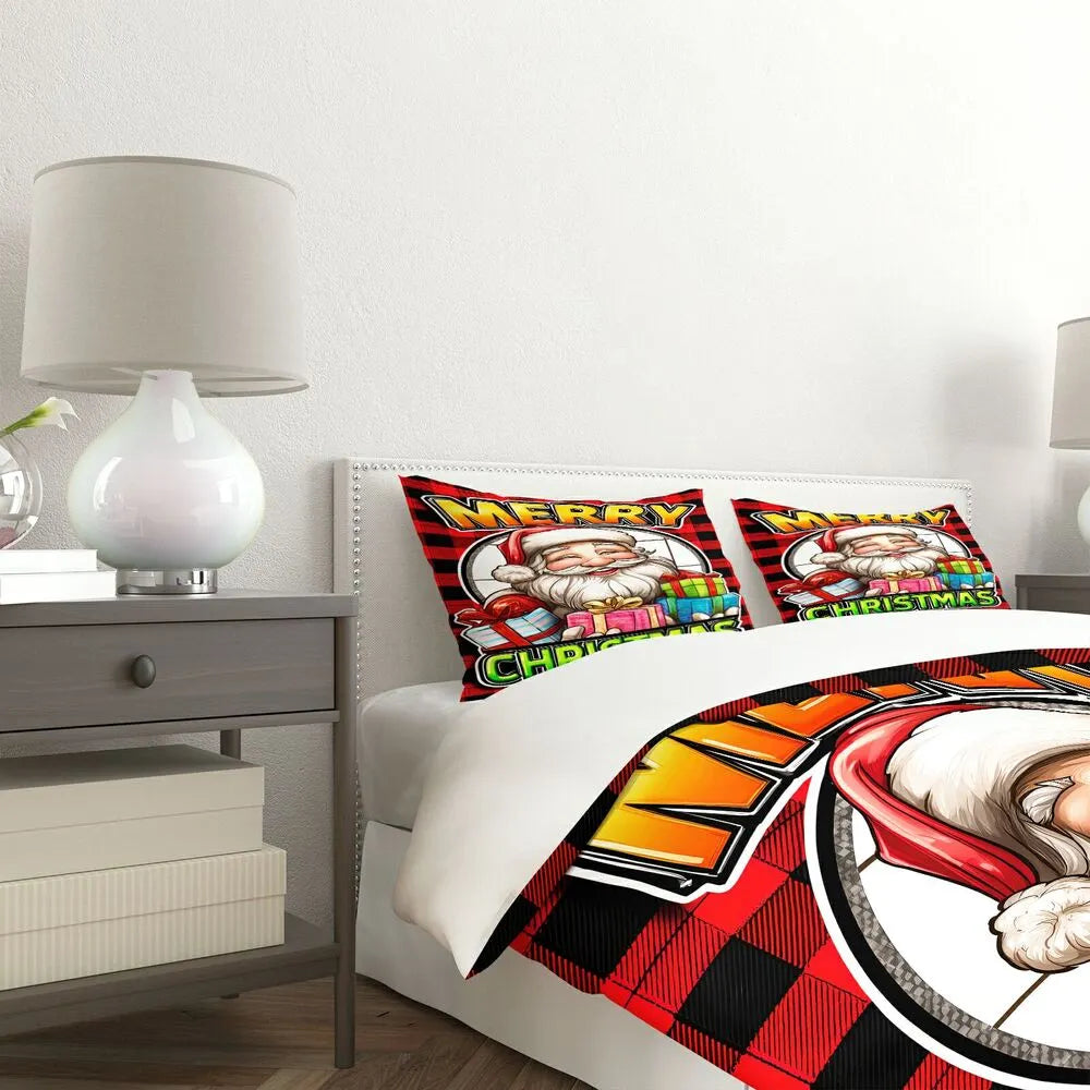 Christmas Santa Plaid Gifts Merry Christmas Red Black Christmas Gift Duvet Cover Set Kids Bedding Set