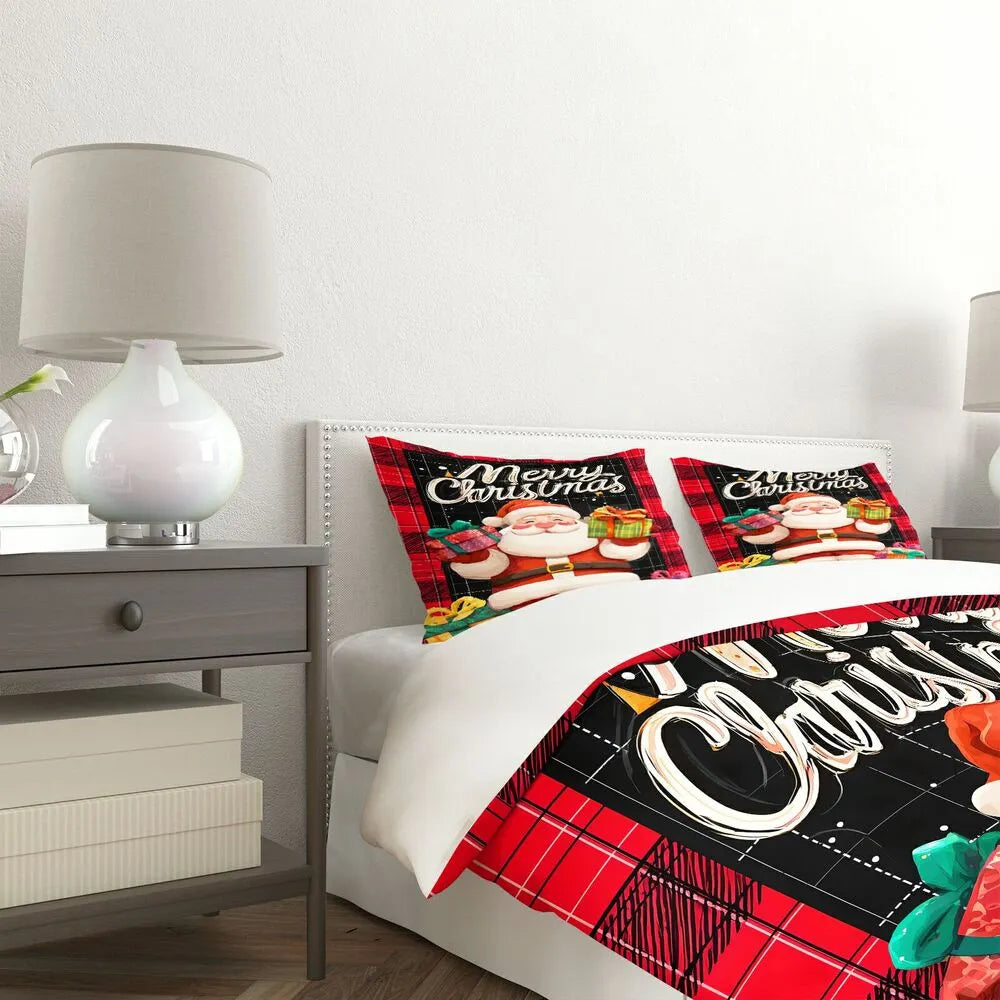 Christmas Santa Plaid Gifts Merry Christmas Red Black Christmas Gift Duvet Cover Set Kids Bedding Set