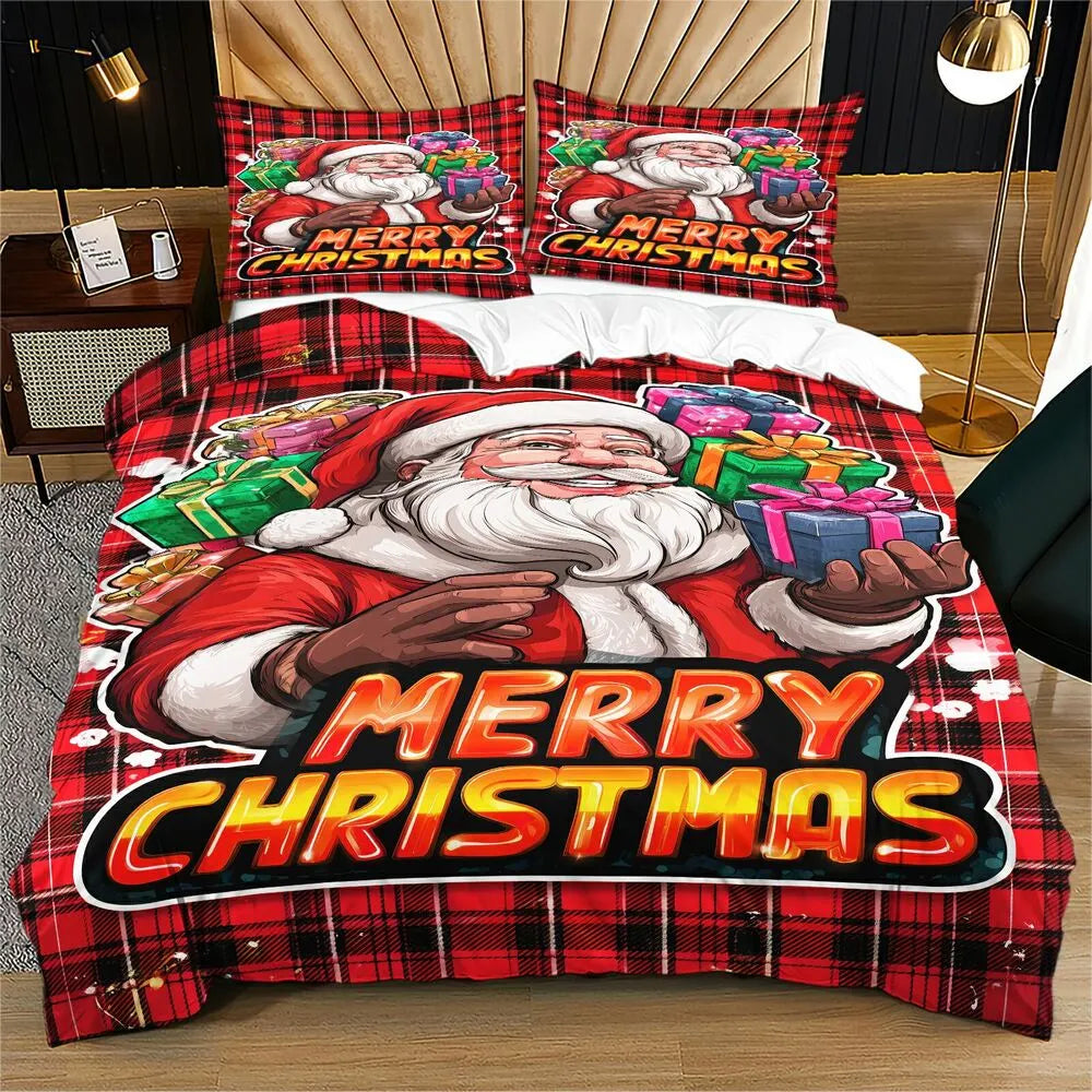 Christmas Santa Plaid Gifts Merry Christmas Red Christmas Gift Duvet Cover Set Kids Bedding Set