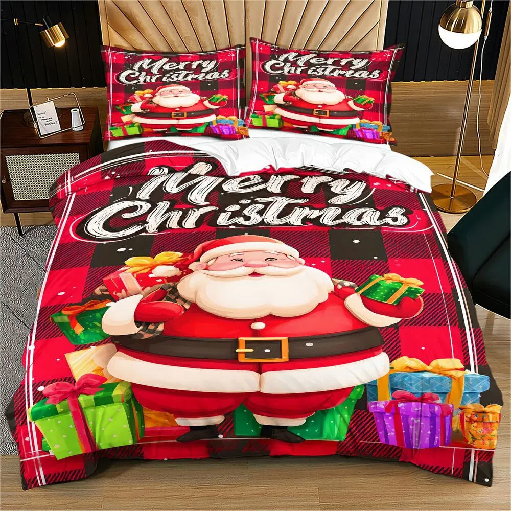 Christmas Santa Plaid Gifts Merry Christmas Red Christmas Gift Duvet Cover Set Kids Bedding Set