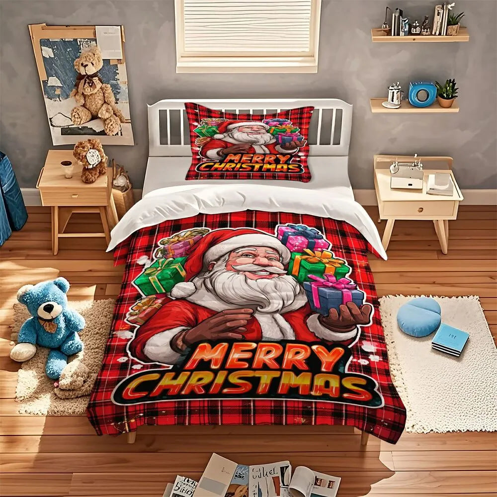 Christmas Santa Plaid Gifts Merry Christmas Red Christmas Gift Duvet Cover Set Kids Bedding Set