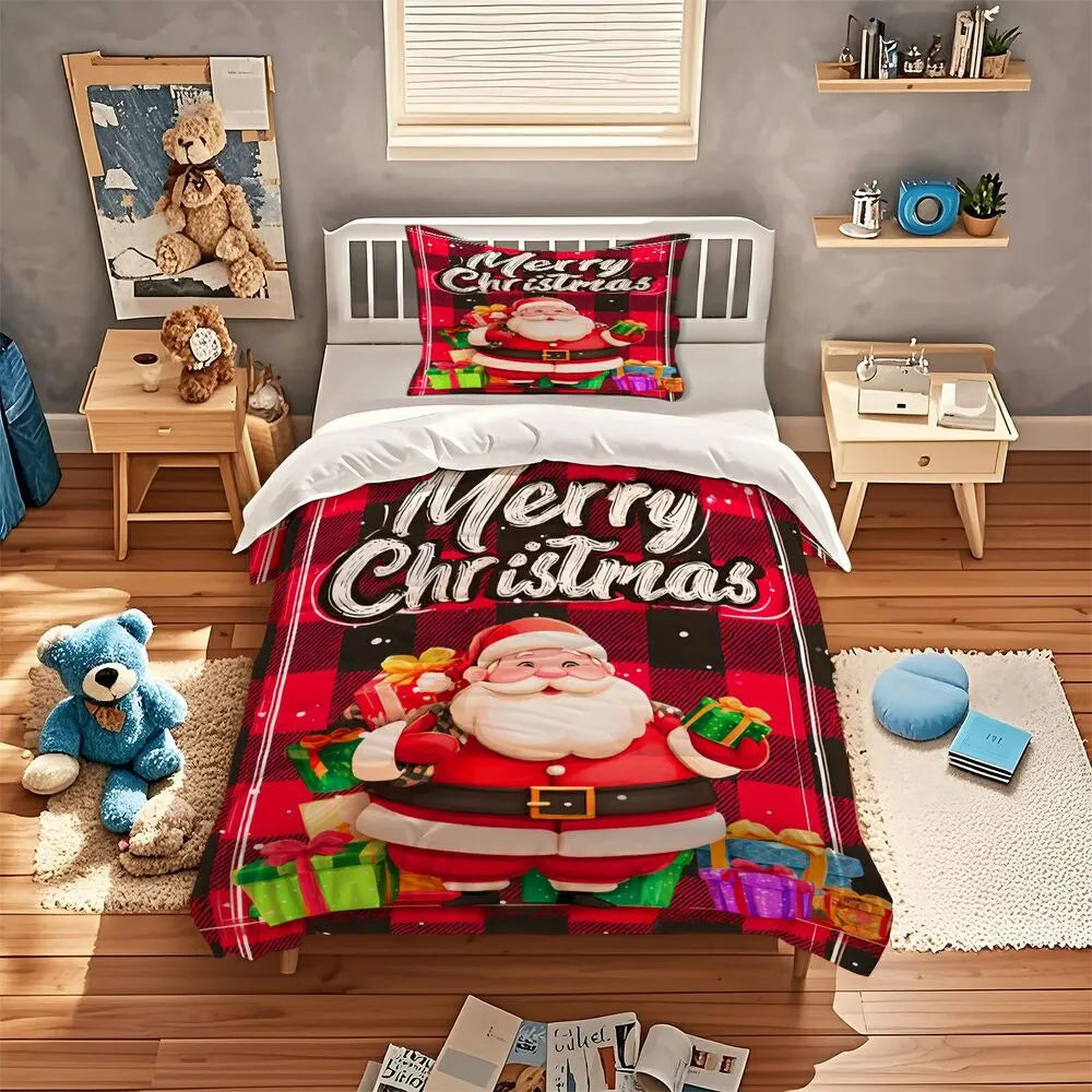 Christmas Santa Plaid Gifts Merry Christmas Red Christmas Gift Duvet Cover Set Kids Bedding Set