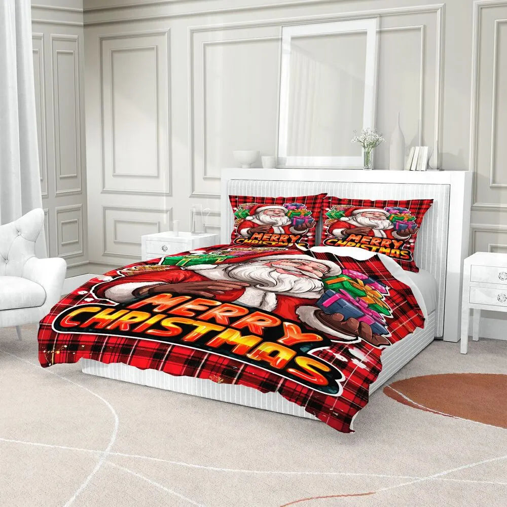 Christmas Santa Plaid Gifts Merry Christmas Red Christmas Gift Duvet Cover Set Kids Bedding Set