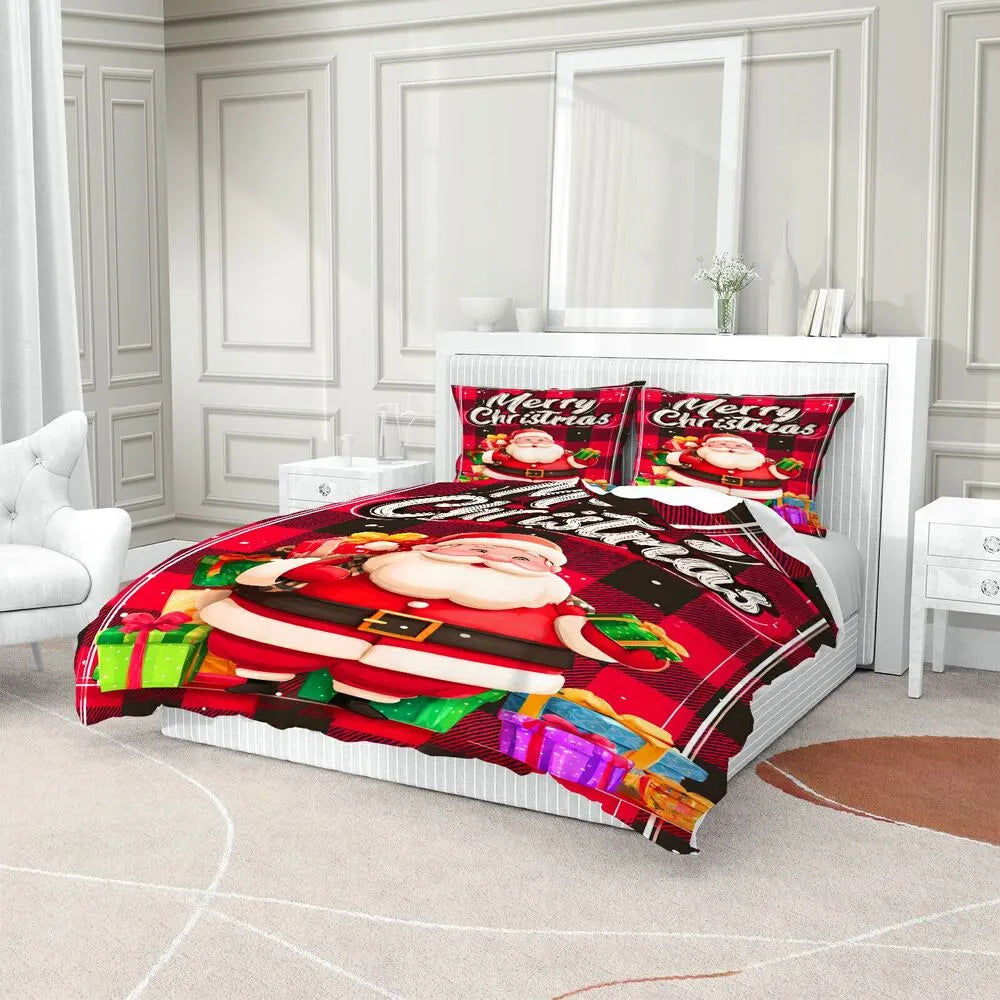 Christmas Santa Plaid Gifts Merry Christmas Red Christmas Gift Duvet Cover Set Kids Bedding Set