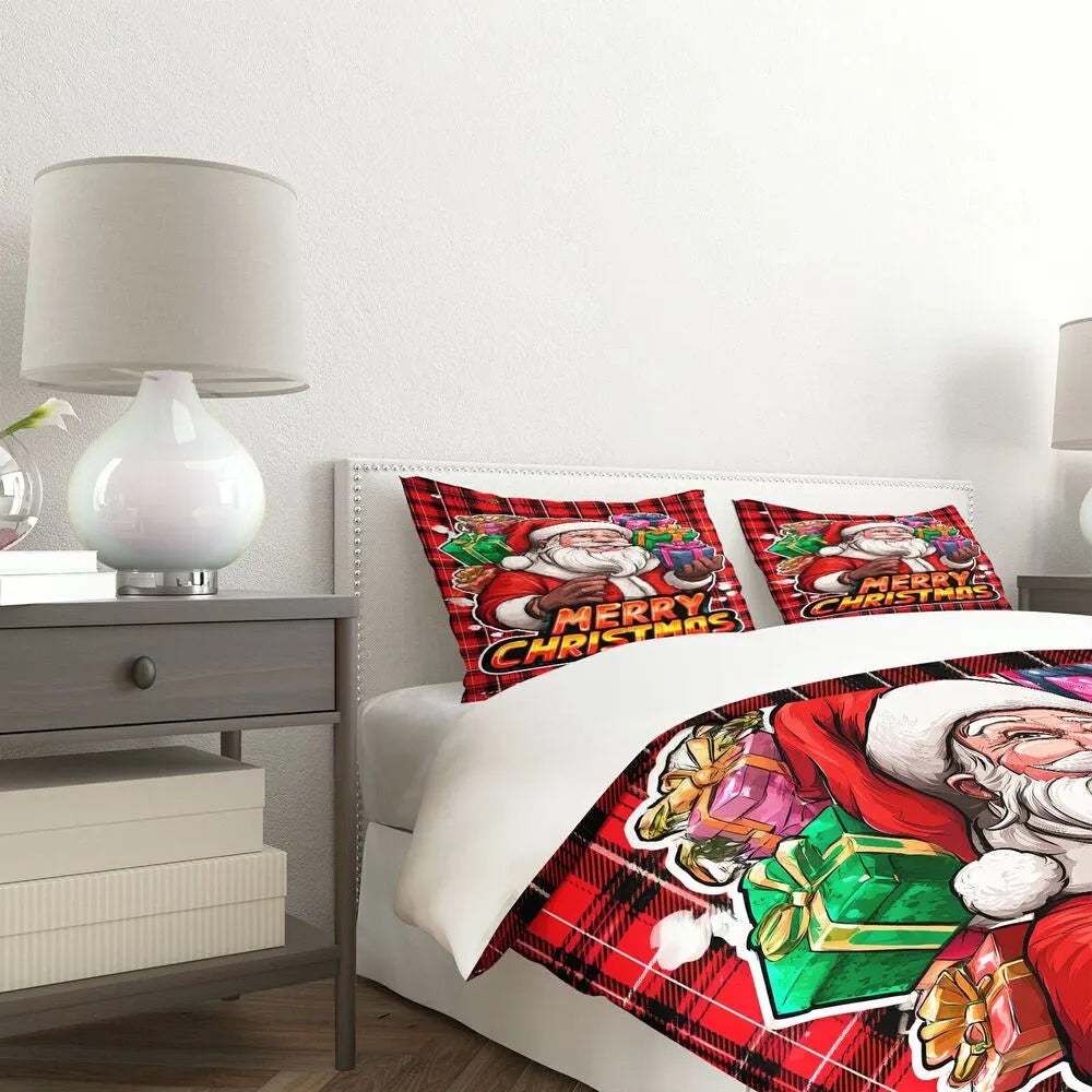 Christmas Santa Plaid Gifts Merry Christmas Red Christmas Gift Duvet Cover Set Kids Bedding Set