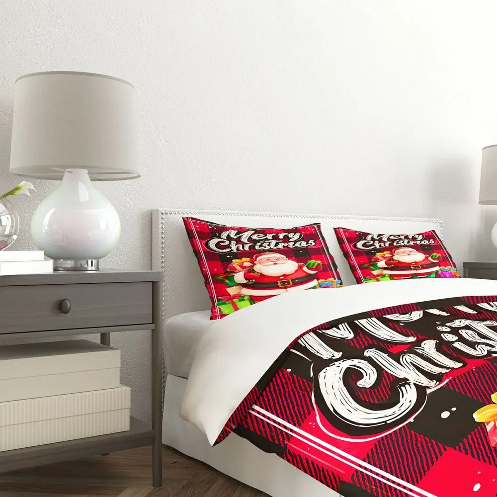 Christmas Santa Plaid Gifts Merry Christmas Red Christmas Gift Duvet Cover Set Kids Bedding Set