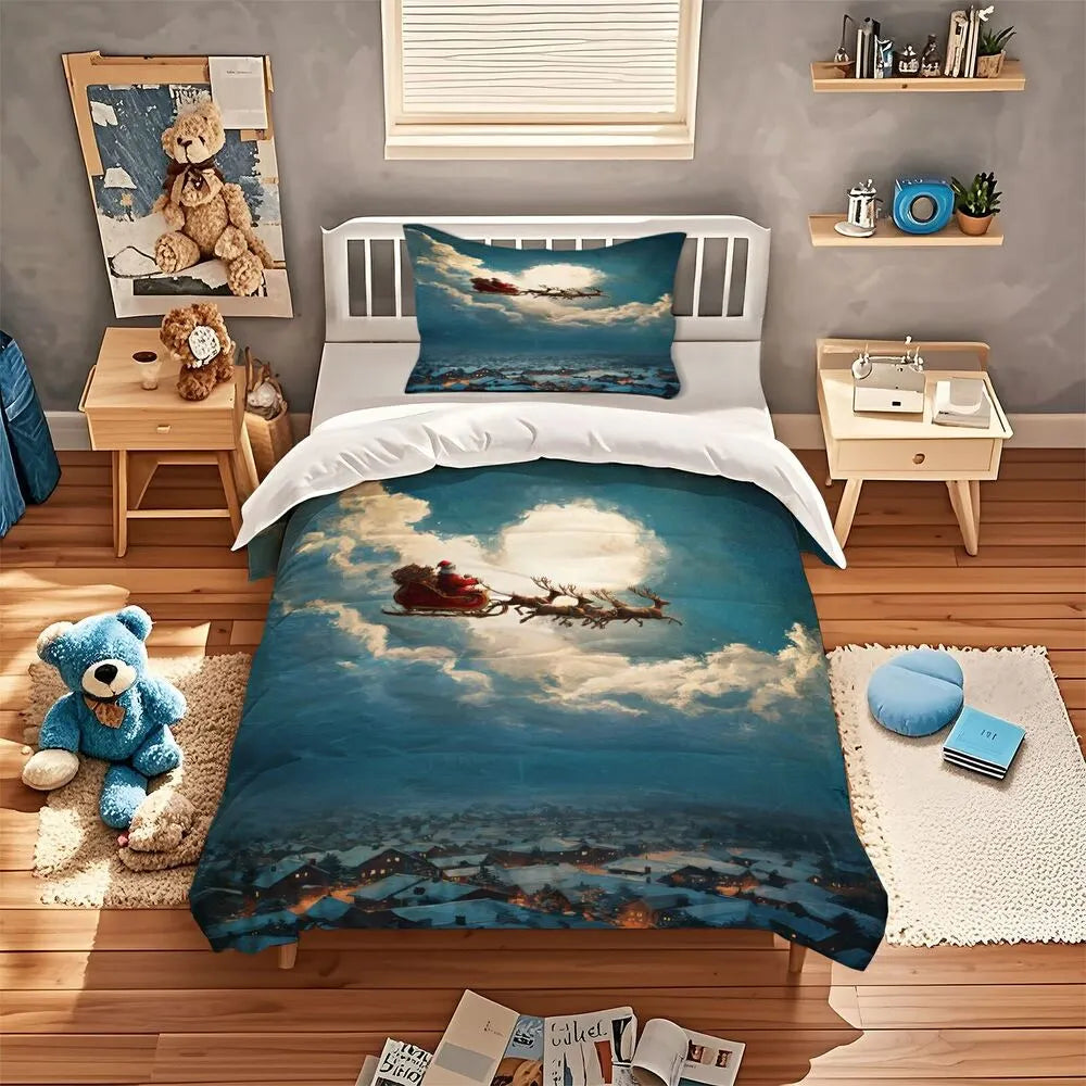 Christmas Santa Sleigh Reindeer Night Sky Christmas Gift Duvet Cover Set Kids Bedding Set