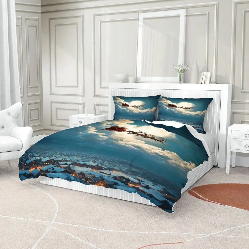 Christmas Santa Sleigh Reindeer Night Sky Christmas Gift Duvet Cover Set Kids Bedding Set
