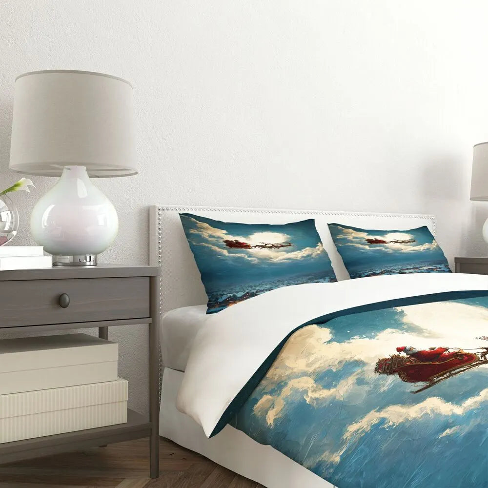 Christmas Santa Sleigh Reindeer Night Sky Christmas Gift Duvet Cover Set Kids Bedding Set