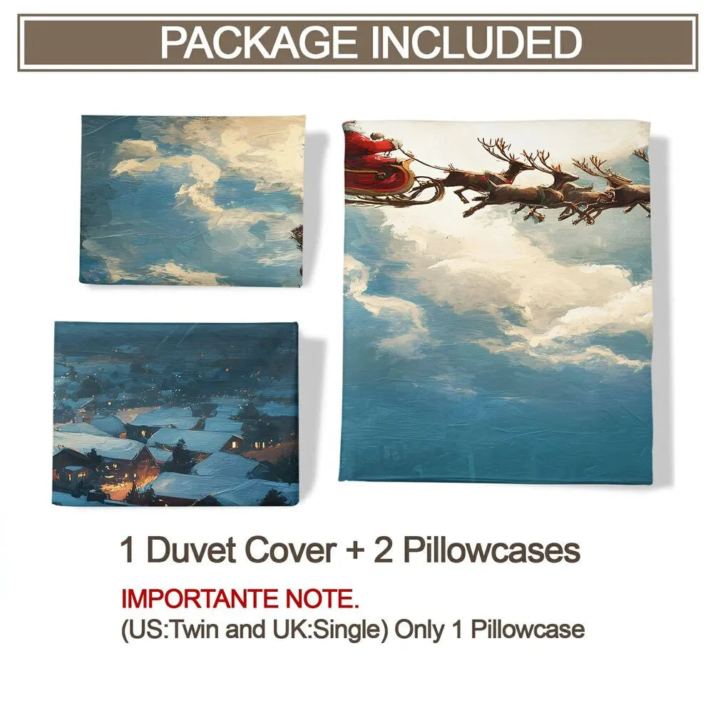Christmas Santa Sleigh Reindeer Night Sky Christmas Gift Duvet Cover Set Kids Bedding Set