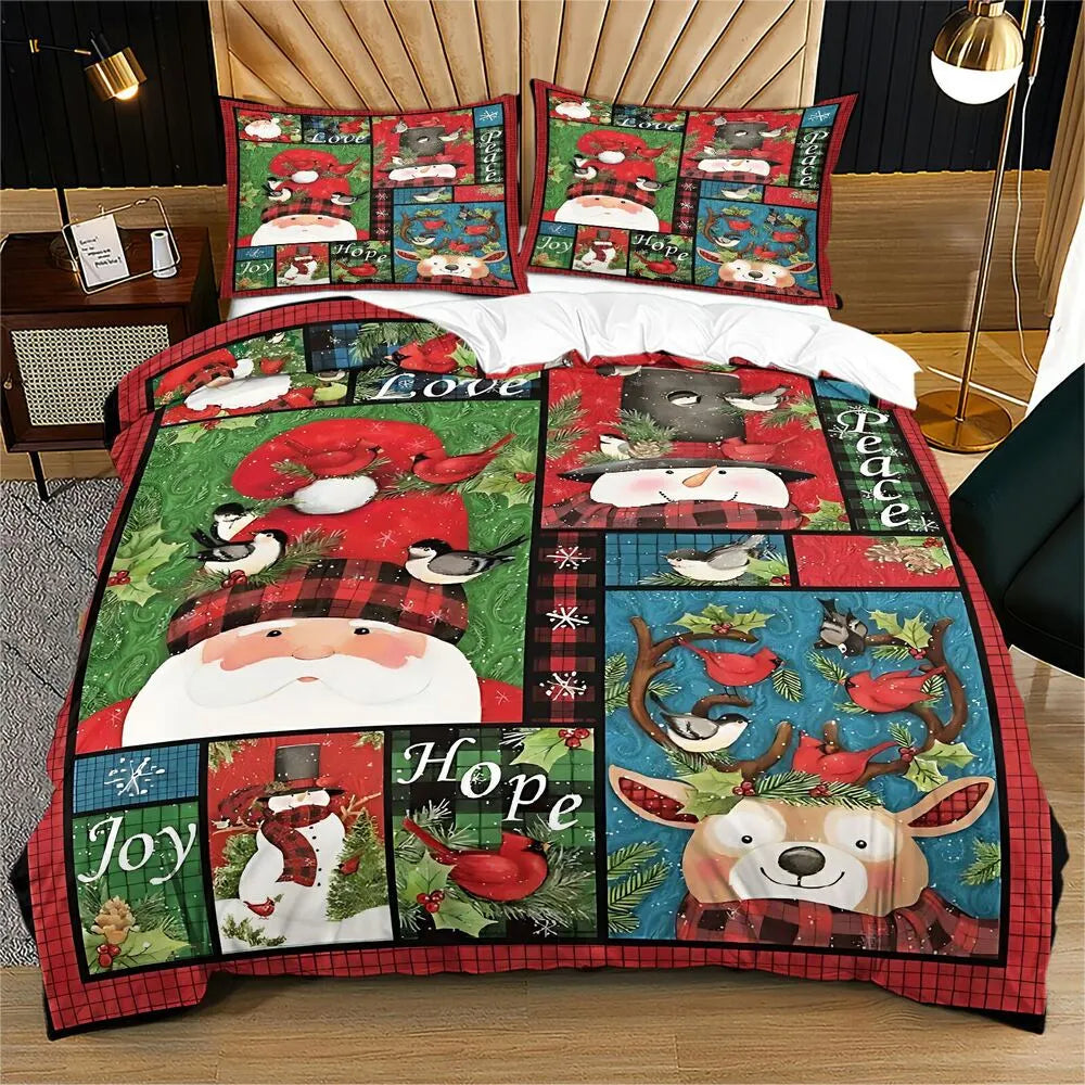 Christmas Santa Snowman Plaid Christmas Gift Duvet Cover Set Kids Bedding Set