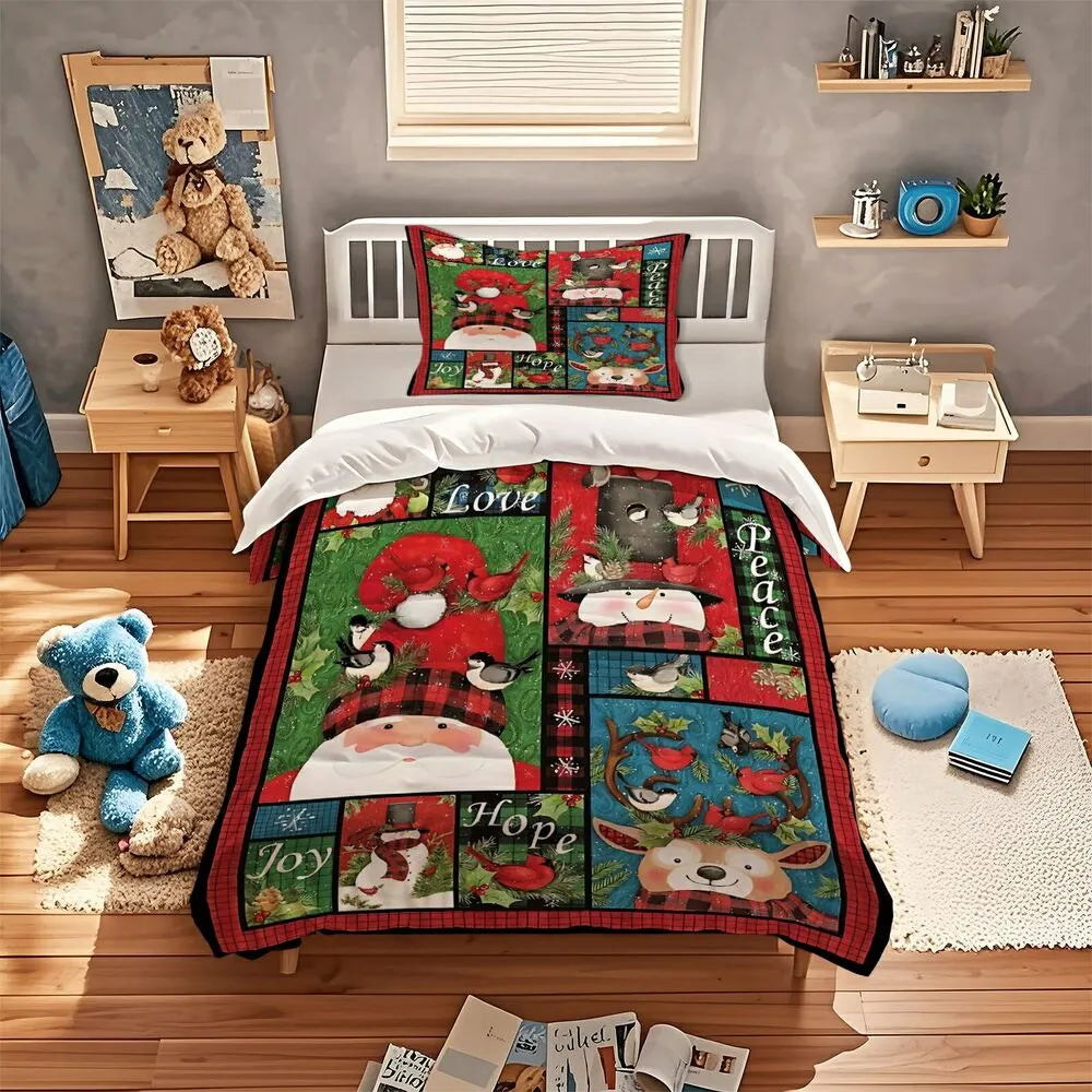 Christmas Santa Snowman Plaid Christmas Gift Duvet Cover Set Kids Bedding Set